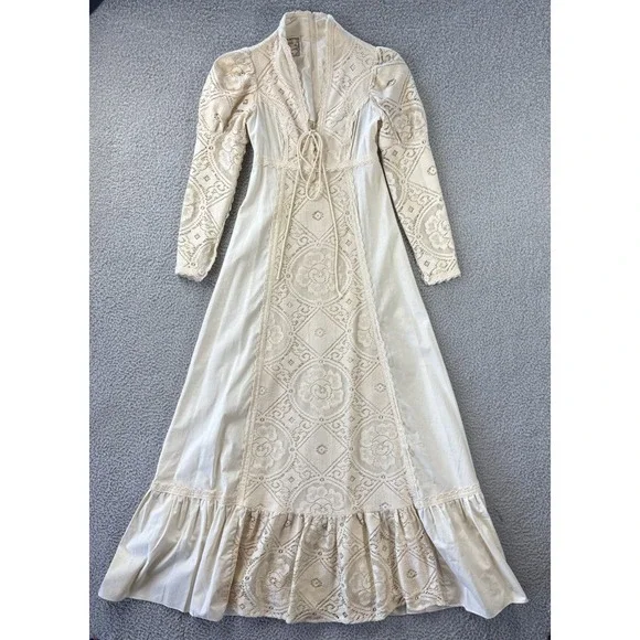 Vintage Gunne Sax Dress Size 7 Crochet Lace Corset Prairie Cottagecore Wedding - Picture 1 of 16